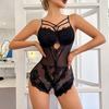 Women Sexy Bodysuit Low-cut Backless Sleeveless Thin See-through Lace Deep V Neck Flower Embroidery Spaghetti Strap Skinny Lady Wedding Night Playsuit
