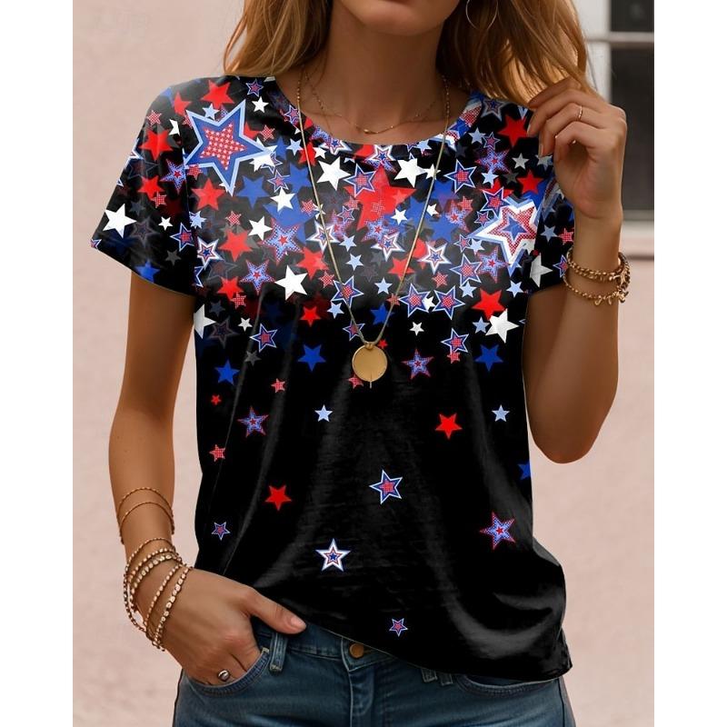 Women's T Shirt Print Graphic Letter American Flag Stylish Classic Casual Short Sleeve Crew Neck Regular Tops Summer