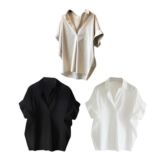 Women Summer Shirt Lapel Short Sleeve Solid Color Pullover Tops Loose Fit Thin Office Lady Shirt Workwear
