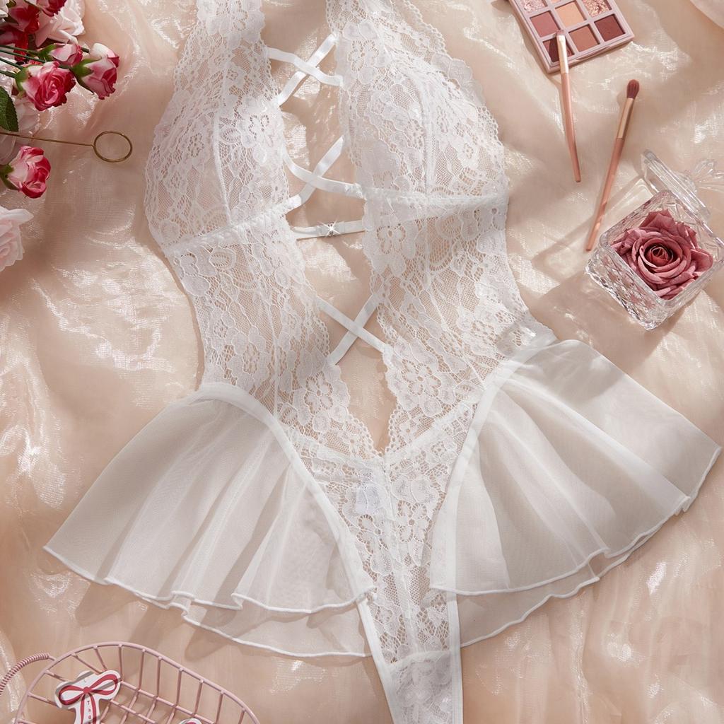 Sexy lingerie Sexy fairy skirt gathering pajamas backless free suspender skirt lace open crotch onesie
