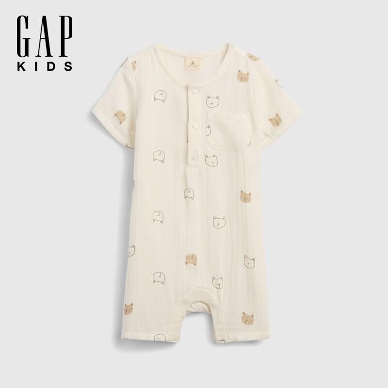 Gap Хлопковый ромпер для малыша с принтом медвежонка, Хенли, с коротким рукавом