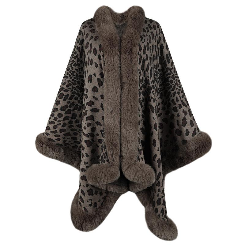 Women's Fashion Leopard Pattern Knitted Cloak Fashion Casual Women's Plush Top Cloak