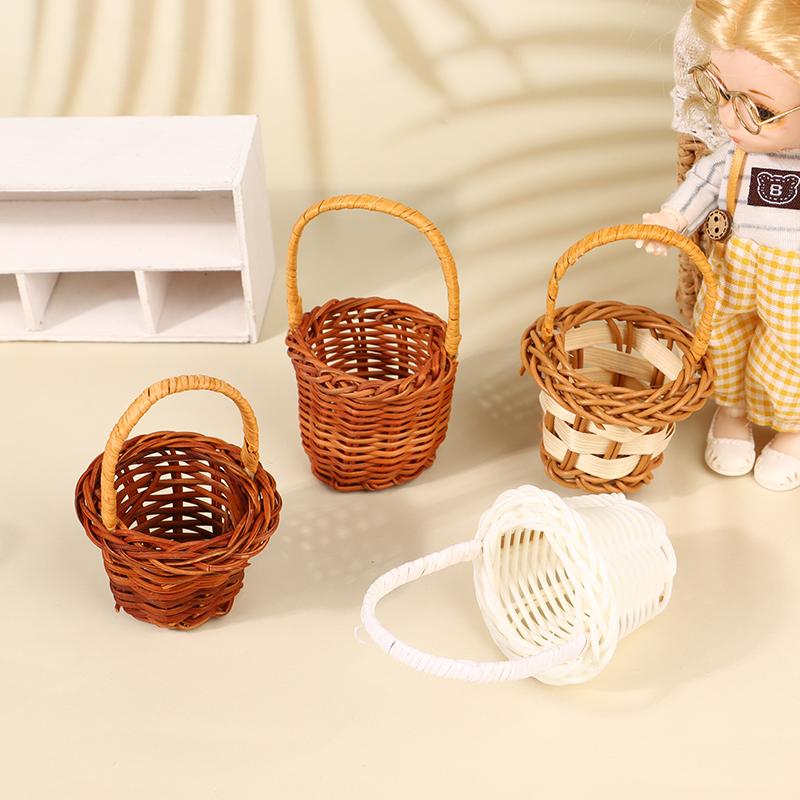 1Pcs Dollhouse Miniature Woven Flower Basket Hand Basket Storage Basket Kids Pretend Play Toy Doll House Accessories