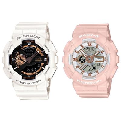 Casio Парные Цифровые 20 АТМ Водонепроницаемые Зарубежные G-Shock Baby-G Часы, и Аналоговые, Белый/Пастельно-розовый, АТМ/10 Водонепроницаемость, Модель, GA-110RG-7ABA-110XRG-4A