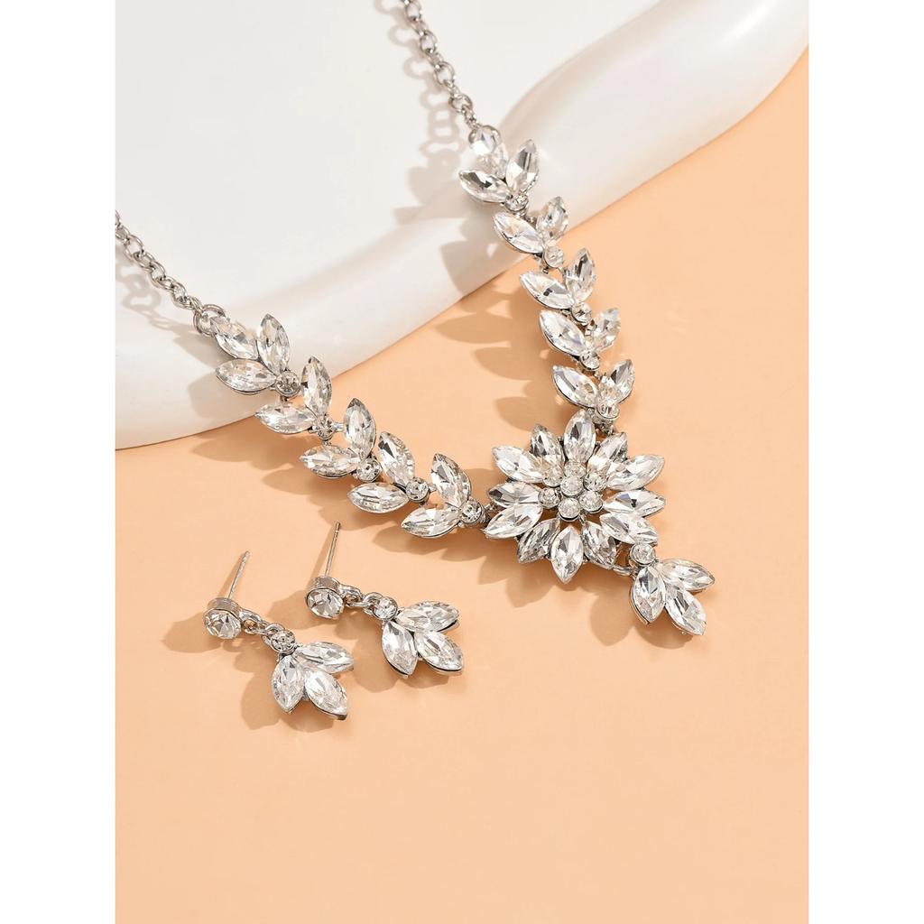 3 Trendy Women's Crystal Flower Multicolored Necklaces and Earrings Set, Banquet and Party Accessories