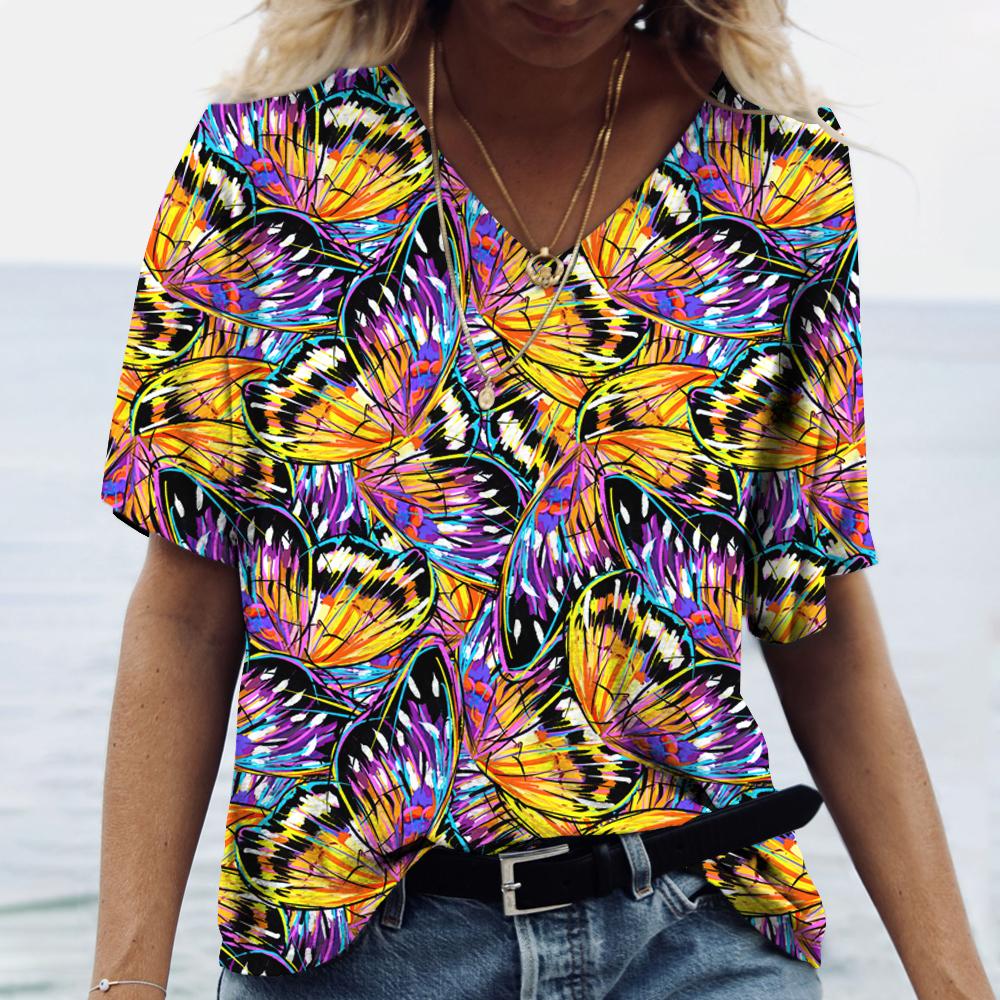 Футболки с 3D принтом бабочки и цветочным принтом, женские топы Y2k, футболки с v-образным вырезом, женская футболка в стиле Харадзюку, женская повседневная одежда больших размеров