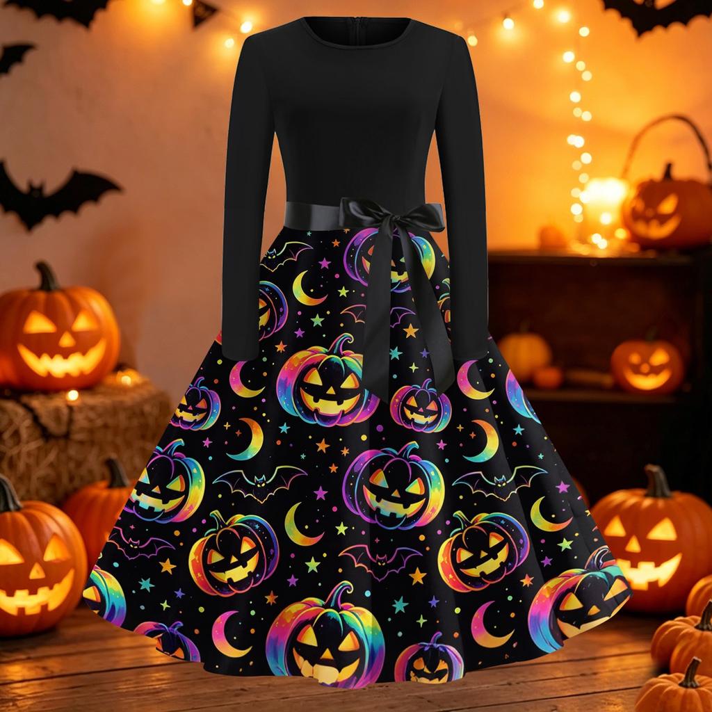 Womens Casual Long Sleeve Halloween Dress Round Neck Fit and Flare Midi Dress with Printed Skirt and Waist Tie Belt