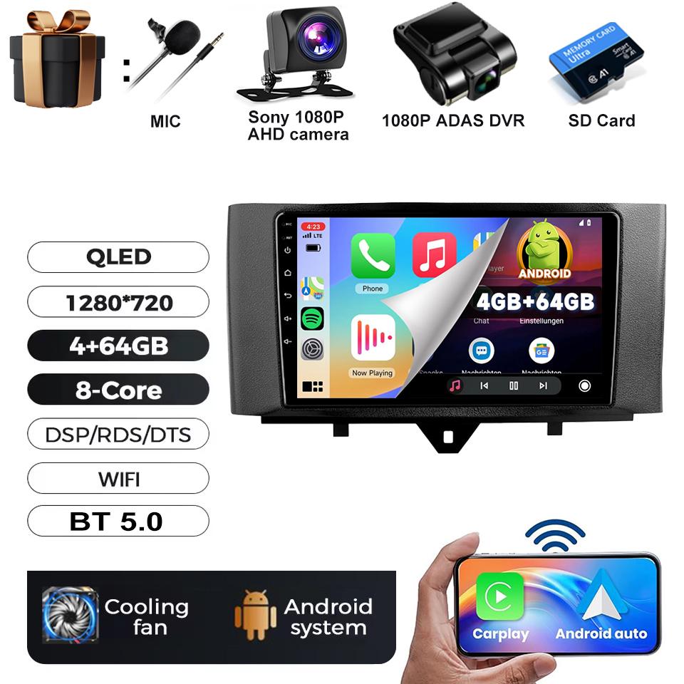 Android 16 Video Player For Mercedes Benz Smart Fortwo 451 2010-2015 Multimedia Car Radio Carplay Qualcomm RDS Stereo 5G WIFI BT