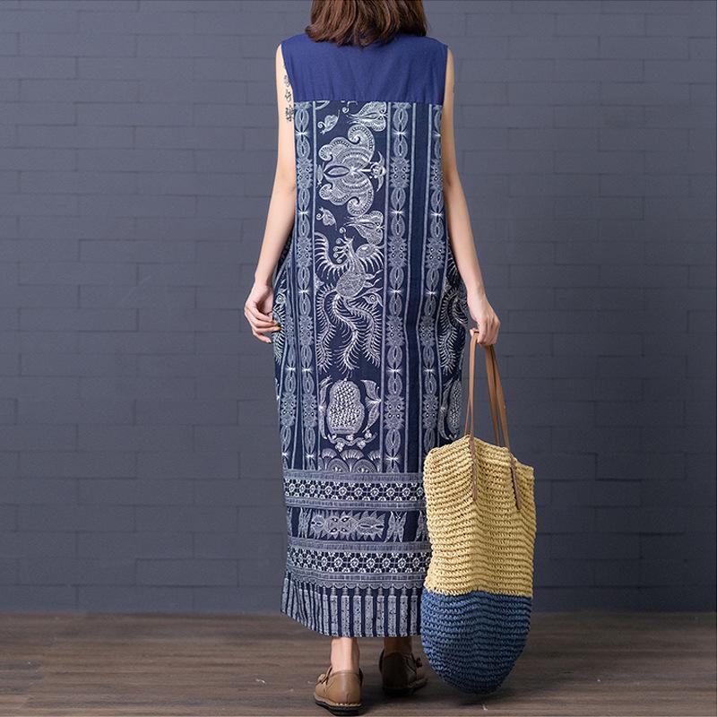 Настоящее лето новый этнический стиль печать хлопок и лен свободное платье без рукавов со стойкой и застежкой на пуговицы женское средней длины
