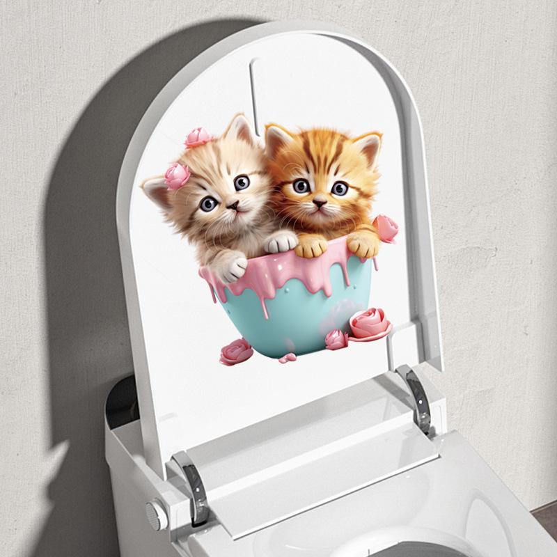 Милые наклейки на чашку с кошкой, водонепроницаемые наклейки для ванной комнаты, декор крышки унитаза для детской комнаты, съемный виниловый настенный арт