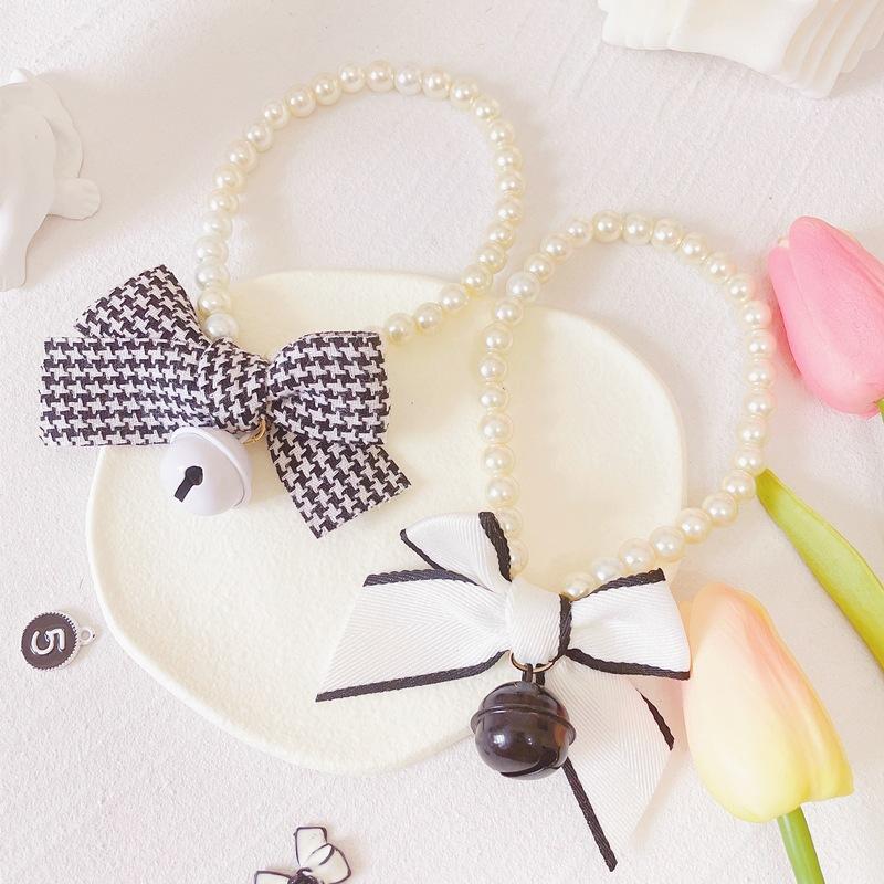 Kitten Puppy Bow Pearl Necklace Houndstooth Bell Neck Ring Cat Dog Apparel Accessories