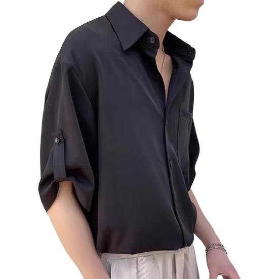 Мужская летняя рубашка, сплошной цвет, пуговицы, лацкан, половина рукава, однобортный, свободный, нагрудный карман, запонка, мягкий дышащий, быстросохнущий повседневный деловой топ