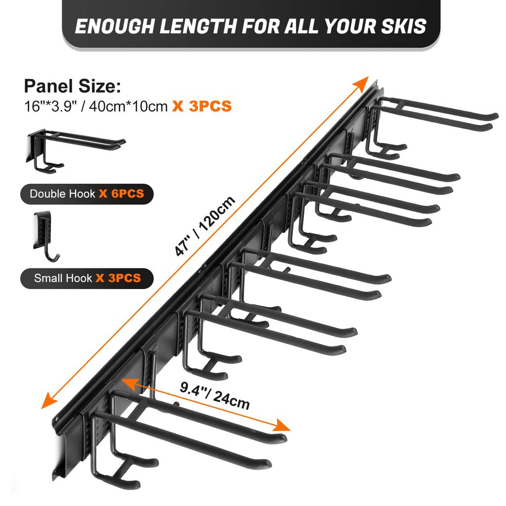 Odoland Double Hook Wall Hanger for and Storage Organization 6 Hooks 3 Single Hooks 120cm Panel Weight Skis, Snowboards, Bicycles, Surfboards, Kayaks,