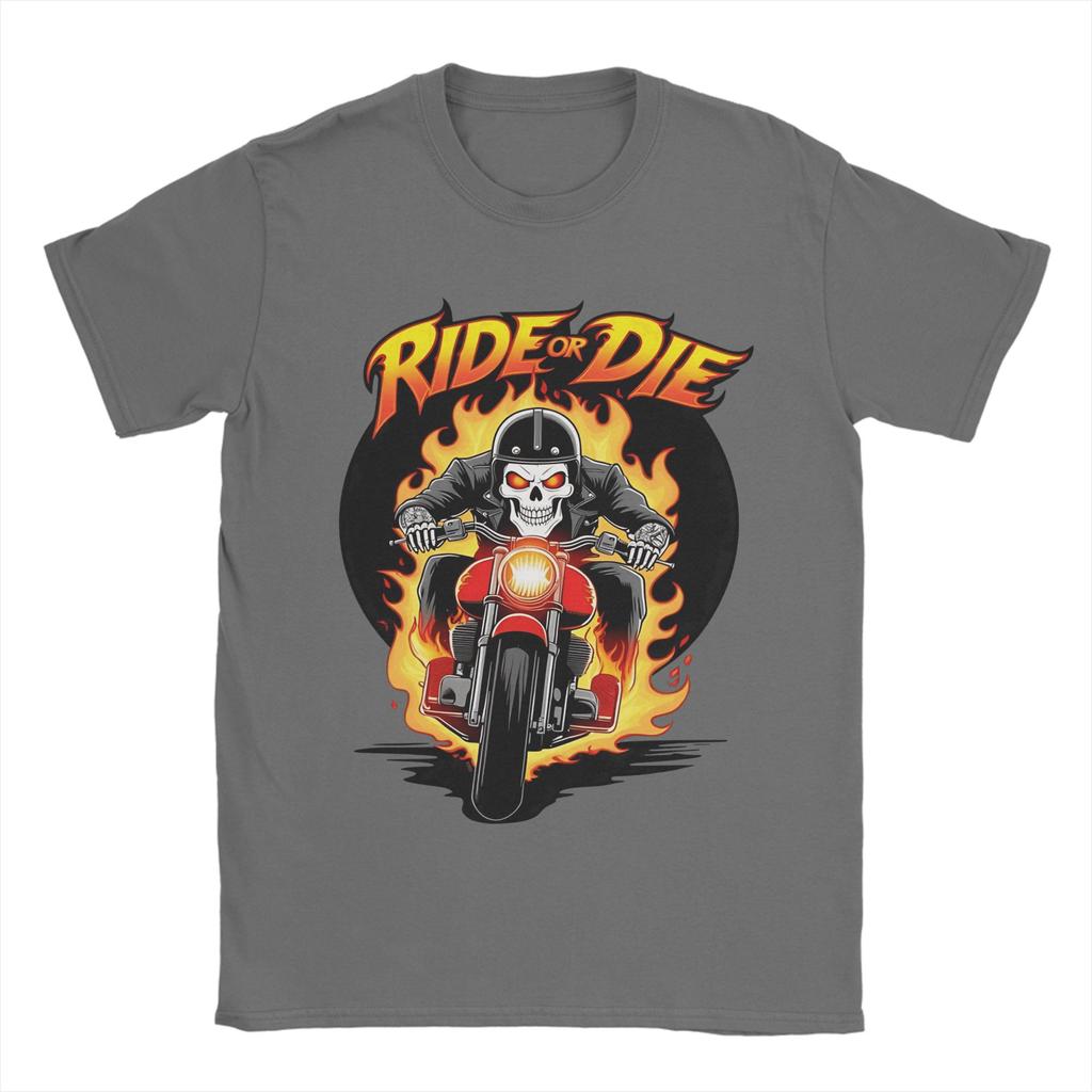 Унисекс Футболка Ride or Die Огненный Череп Байкерская Забавная Хлопковые Футболки С Коротким Рукавом Футболка С Круглым Вырезом Одежда Подарок