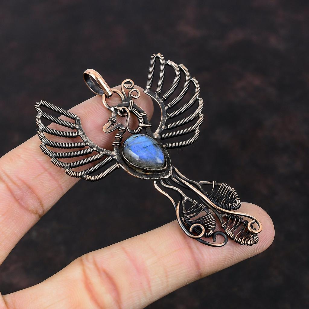 Подвеска из лабрадорита Медная проволока Подвеска Подвеска ручной работы Подвеска в виде птицы Феникс Изысканная подвеска из драгоценного камня Медные украшения Подарок на помолвку