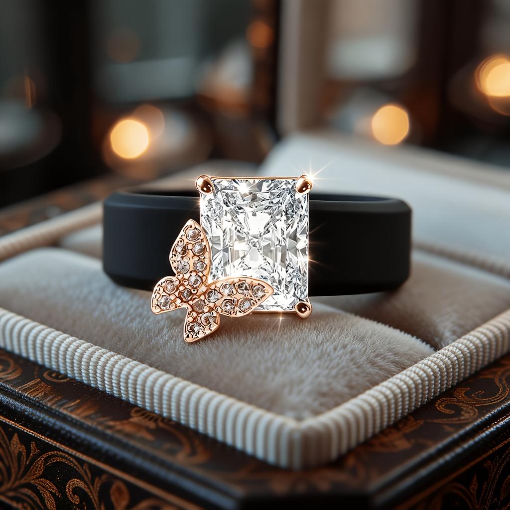 Women Butterfly Rectangle CZ Silicone Ring Two-tone Sparkling Butterfly Ring Comfort Sport Wedding Stackable Jewelry