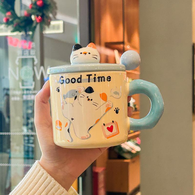 Birthday Gift Cute Cat Mug with Lid Couple Water Cup High Looking Bestie Ceramic Cup Practical Souvenir