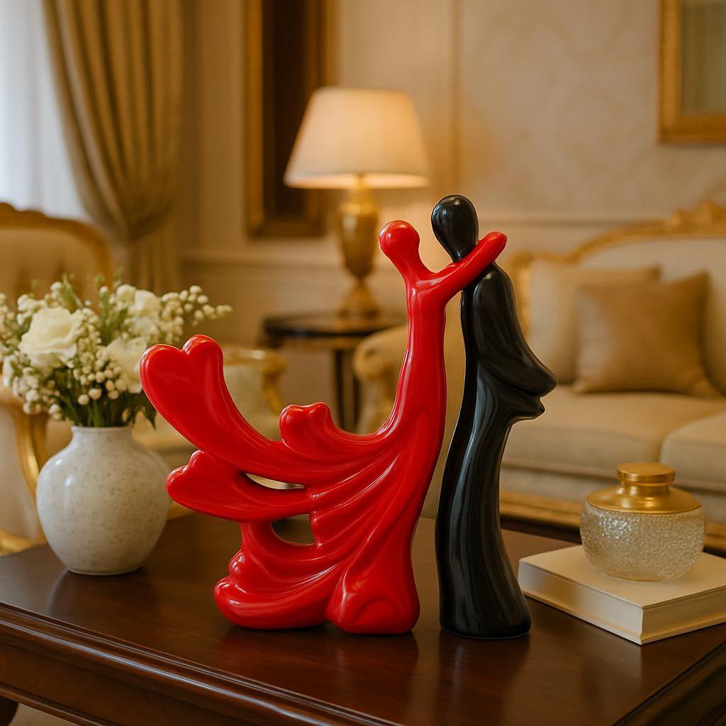 Страстная влюбленная обнимающаяся пара фигурка | Красивая керамическая статуэтка для домашнего декора - (Набор из 2 шт., красный и черный)