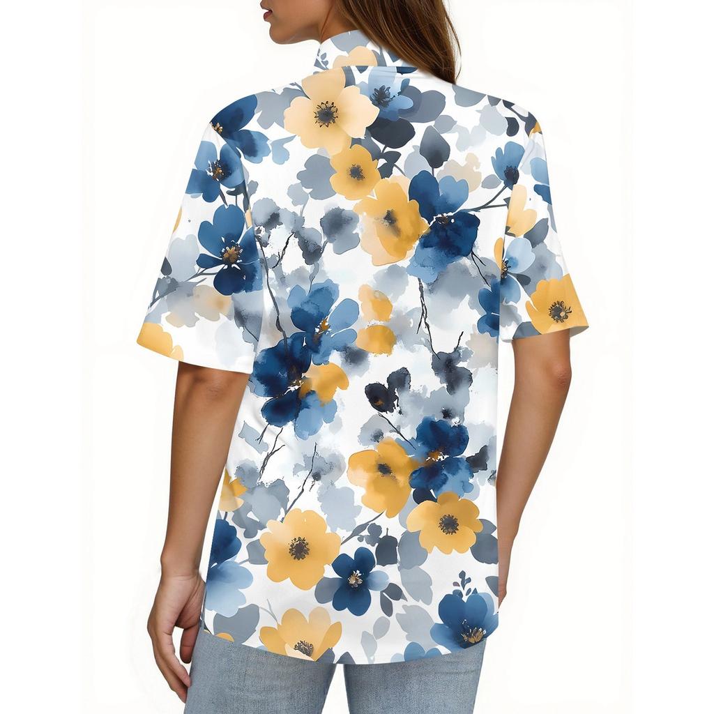 Women's Fashion Casual Button Pocket Shirt Short Sleeve Print Lapel Top