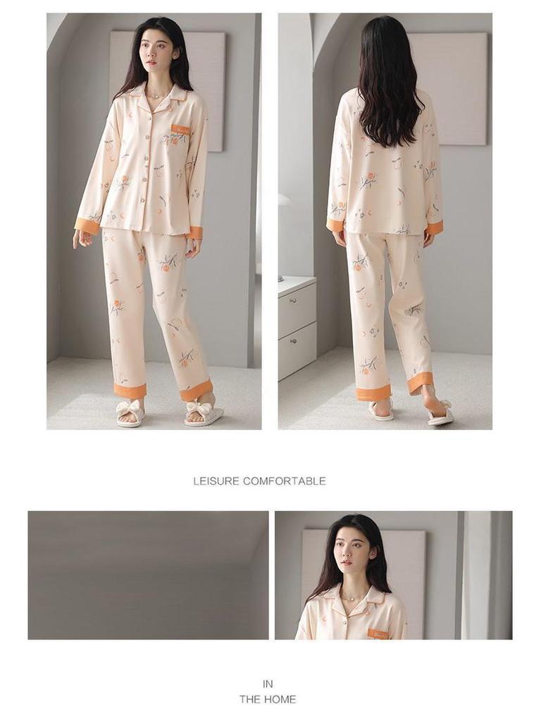 Женский комплект пижамы большого размера из хлопка - Кардиган с длинным рукавом, Двухпредметный, Идеально подходит для осени/весны