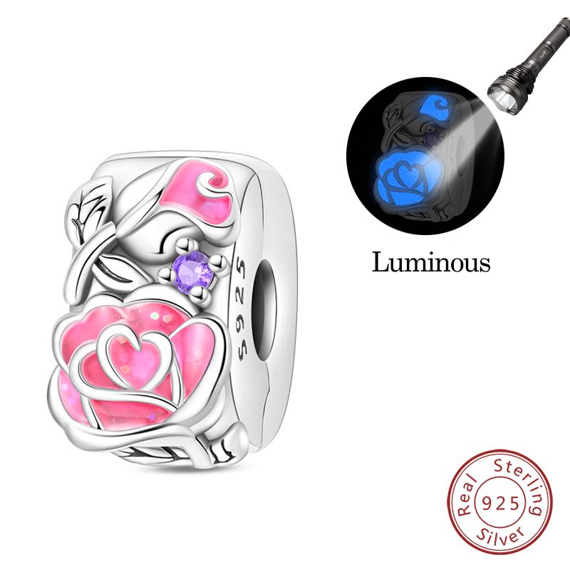 925 Silver Pink Love Series Charm Love Cube Little Bear Luminous Pendant Fit Original Bracelet Romantic Wedding Jewelry