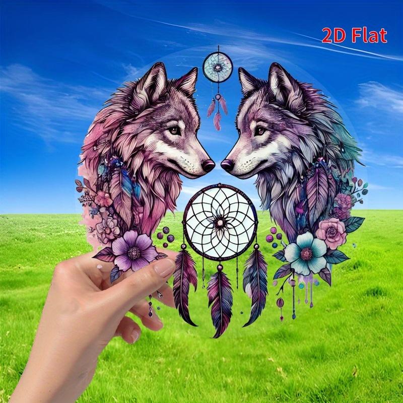 Wolf & Dream Catcher Ornament. 8x8 Inch Round Acrylic with Feathers & Flowers. A Perfect Gift.