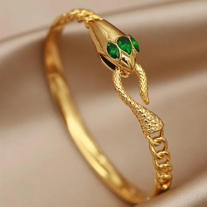 FYSARA Green Eye Snake Shape Desgin Stainless Steel Bracelet Clasp Titanium Steel Bangle for Women Geometric Zircon Gifts