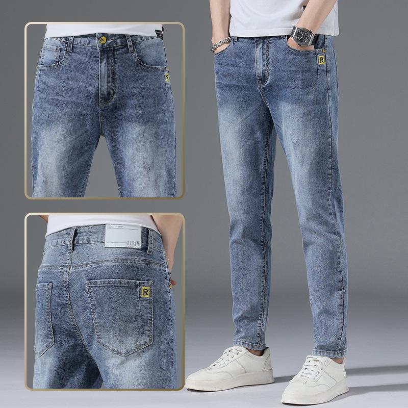 Летние мужские джинсы, тонкие маленькие прямые брюки, мужские эластичные длинные брюки