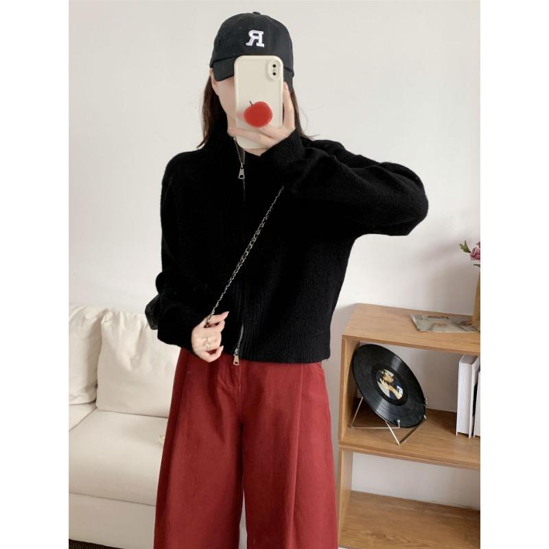 Вязаный кардиган на молнии со стойкой воротником, женский осенне-зимний, с чувством дизайна, с круглым вырезом, свободный, универсальный, короткий, повседневный свитер-куртка
