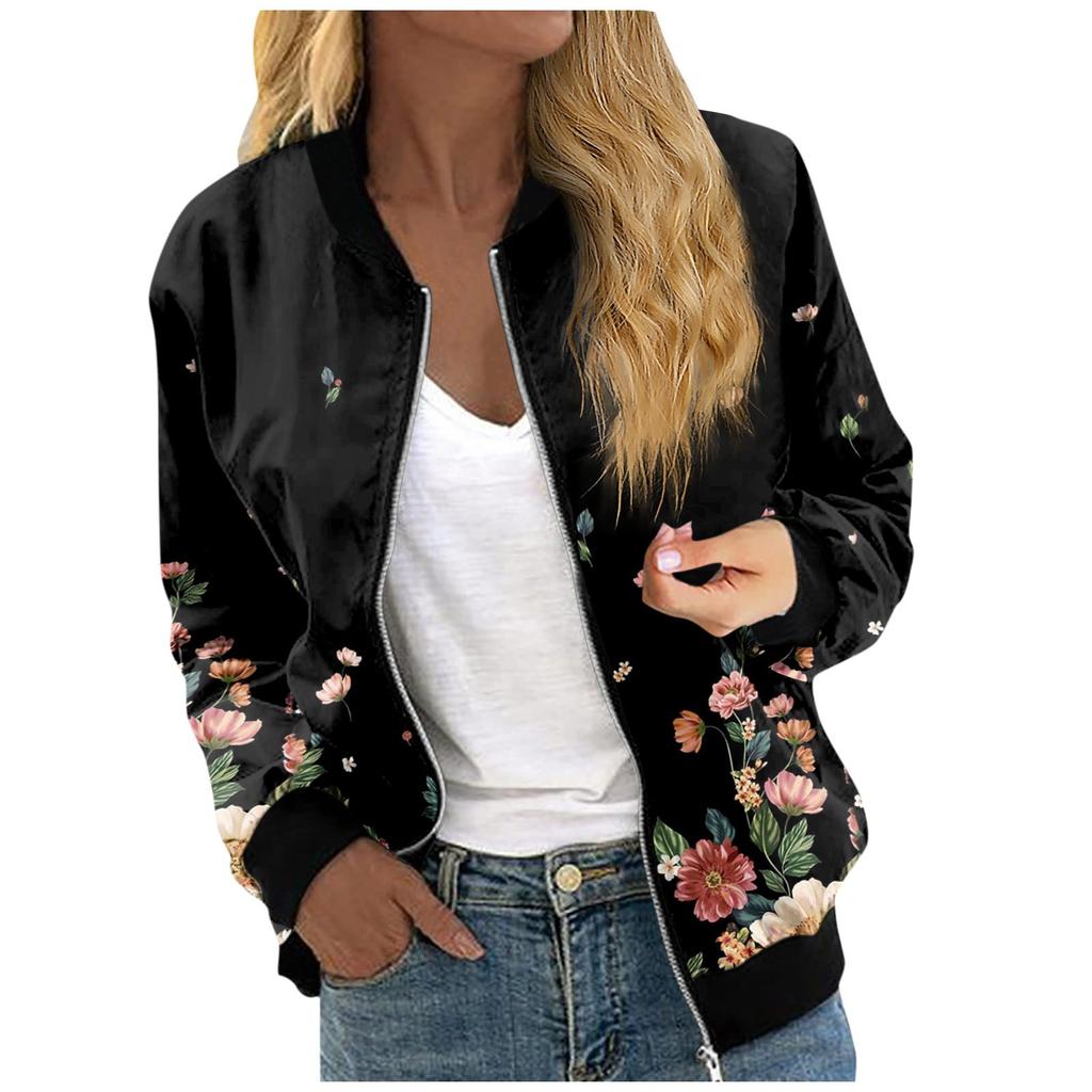 Jackets For Women Long Sleeve Lightweight Zip Up Cropped Fashion Print Outerwear Casual Quilted Jackets Whith Pockets
