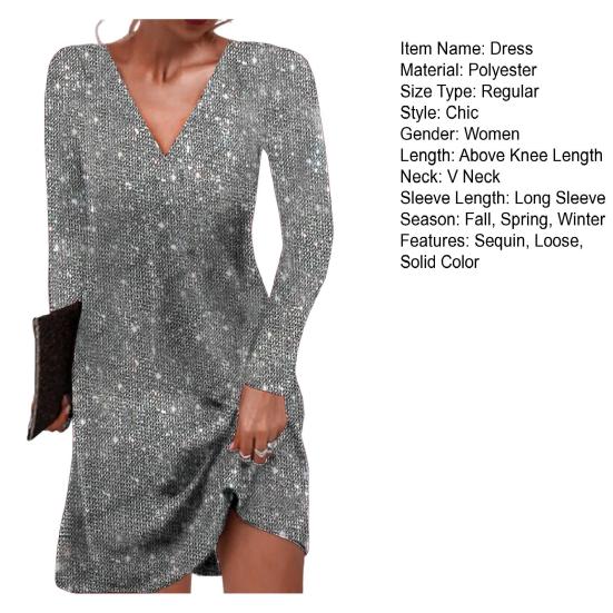 Женское платье с пайетками, V-образный вырез, свободные длинные рукава, однотонное вечернее платье