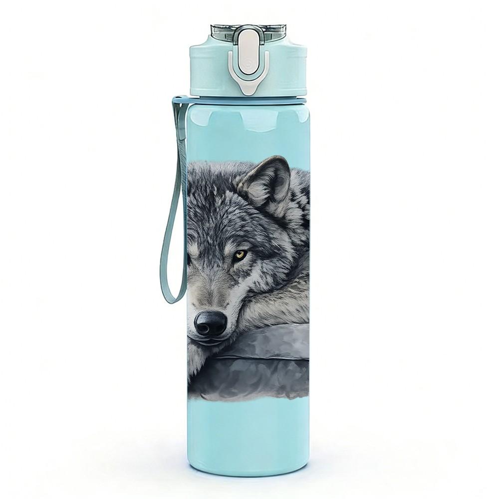 1PC Grey Wolf Wild Animal Portrait Print 750ml Color Plastic Sports Water Bottle Leakproof Flip Straw Lid Suitable for Sports Office Home Use