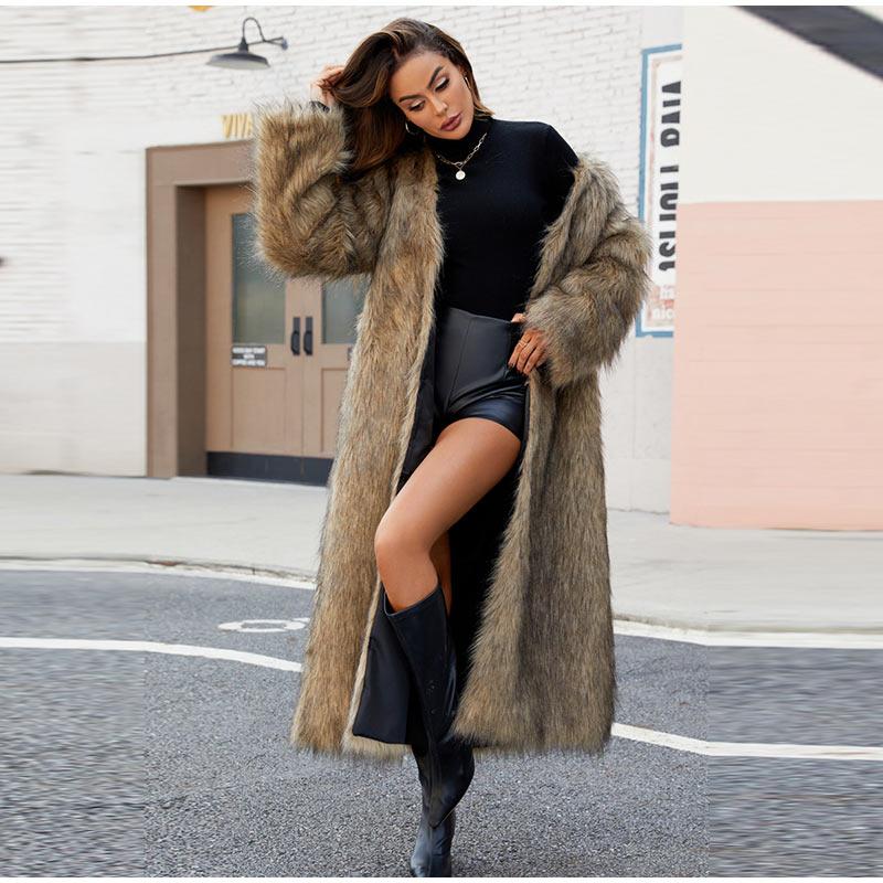 Женские шубы из искусственного меха с длинным рукавом, с открытым швом, длинные куртки с V-образным вырезом, плотное пальто, элегантная женская верхняя одежда на осень и зиму
