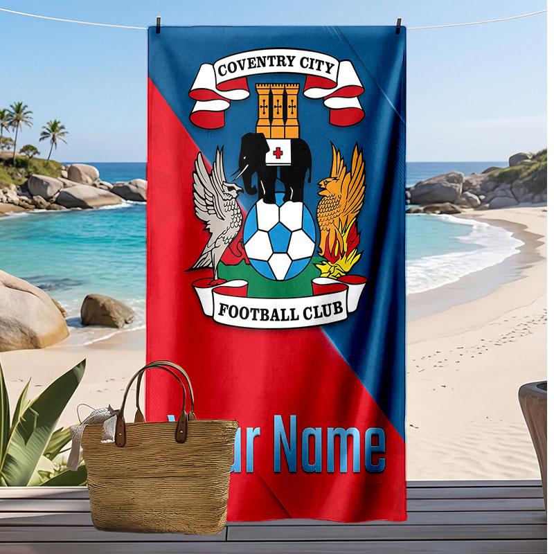 Coventry City FC Personalized Printed Beach Towel Soccer Logo Support Custom Name Text Absorbent Towel For Sport Travel Special Gift