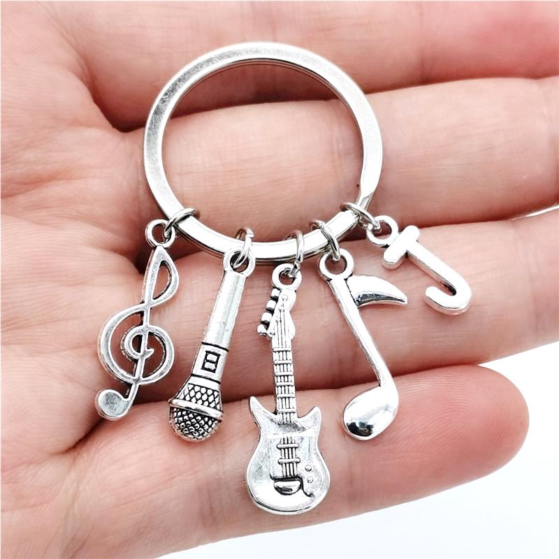 26 Letters Music Keychain Music Note Guitar Pendant Key Chain Microphone Keyring Creative Jewelry Gifts