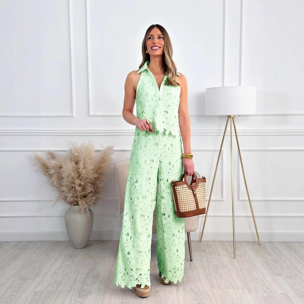 French Summer Embroidered V-Neck Cutout Tank & Wide-Leg Pants Set