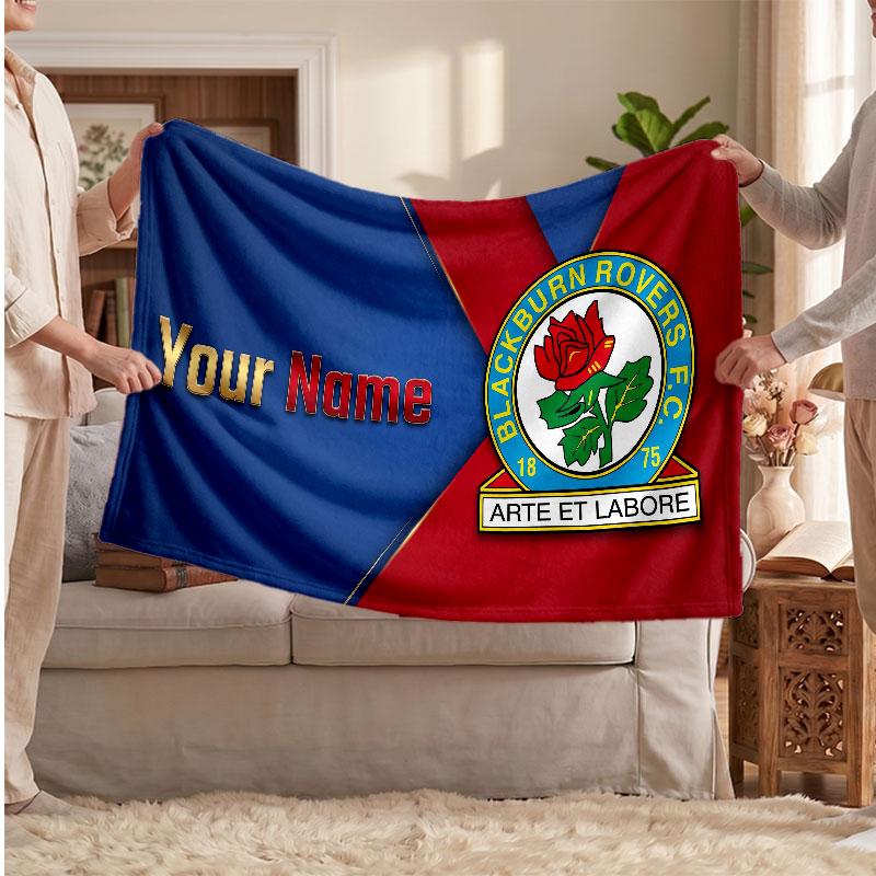 Blackburn Rovers FC Personalized Fleece Blanket With Football Logo, Custom Name Text Soft Warm Home Throw Blanket
