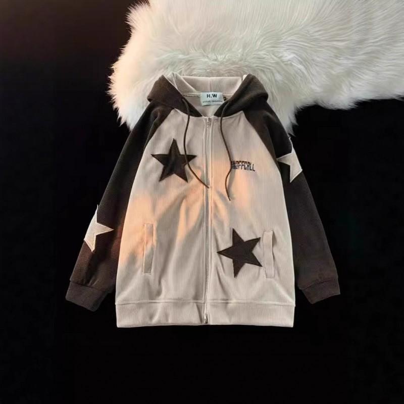 Y2K Vintage Corduroy Star Patchwork Zip-Up Hoodie Unisex Loose Fit Casual Sweatshirt