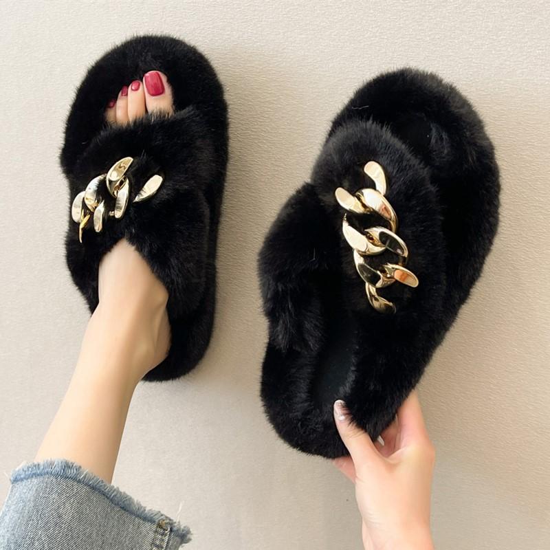 Popular Mao Mao Slippers Women's Outer Wear Chain Thick Bottom Increases Height Spring and Summer Fashion Going Out Plush Cross Autumn and Winter