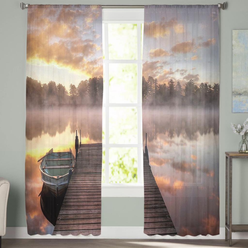 Lake Scenery Window Treatment Tulle Modern Sheer Curtains for Kitchen Living Room the Bedroom Curtains Decoration