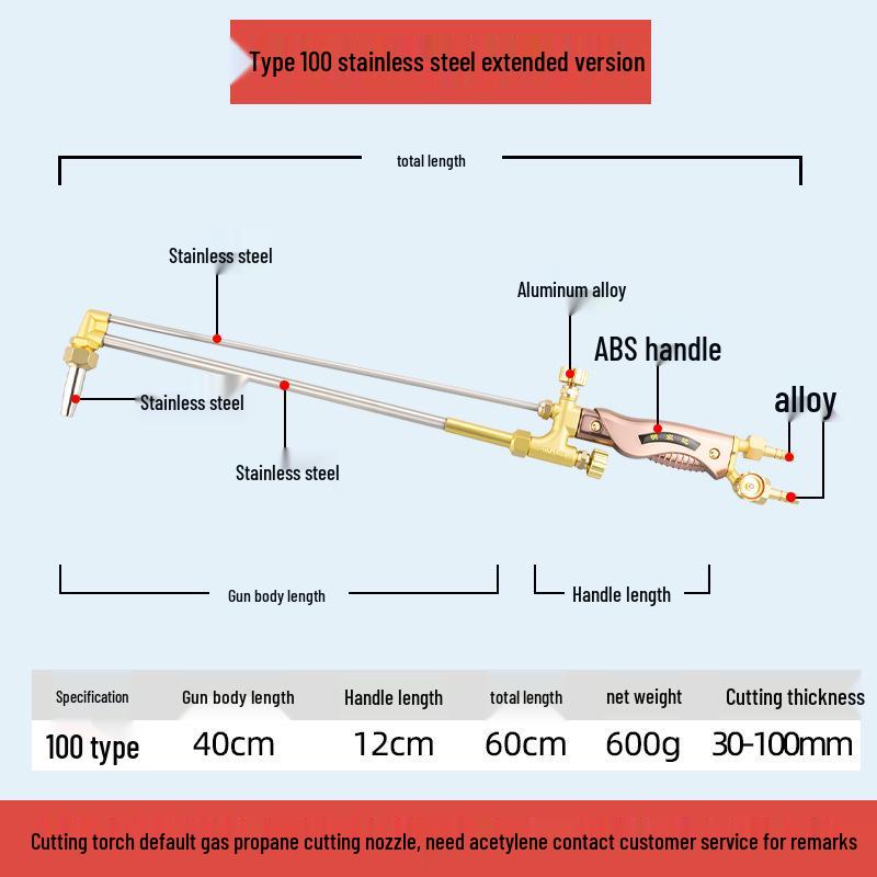 All-Copper Stainless Steel Extended & Thickened Oxygen Acetylene Cutting/Welding Torch Injector, Model G01-30/100/300.