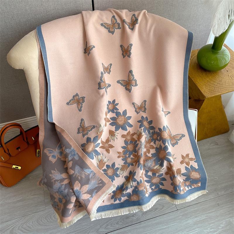 Elegant Celebrity Butterfly Flower Print Scarf Women's Thickened Warm Imitation Cashmere Scarf Double-sided Versatile Shawl