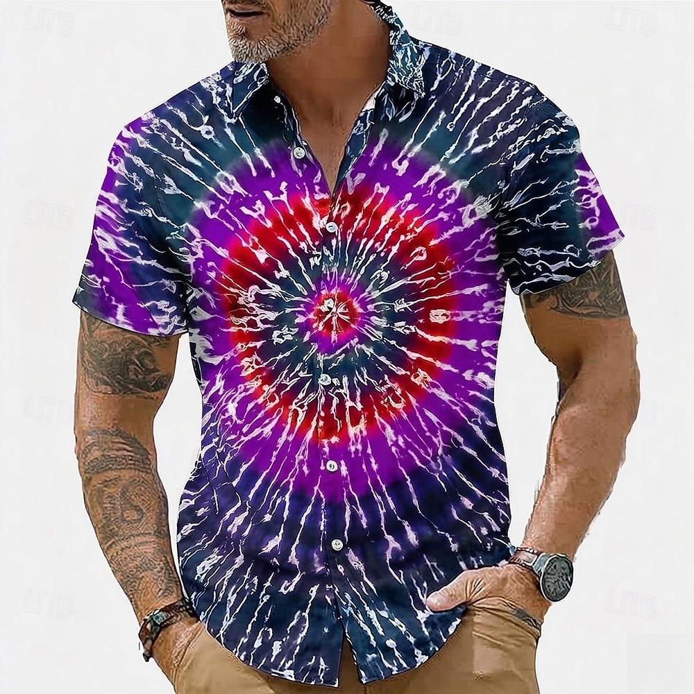 Men's Short Sleeve Button Up Shirt Hippie Tie Dye 3D Print Turndown Collar Blue Pink Purple Fashion Streetwear for Spring Summer