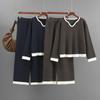 A New Autumn and Winter Striped Knitted Suit for Women, A V-neck Color-blocking Top and Wide-leg Pants Two-piece Set