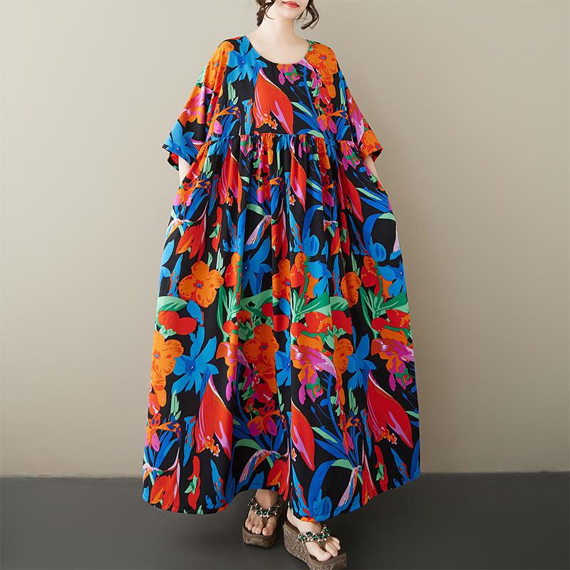 Dimanaf Плюс размер Новое 2025 женское летнее платье с коротким рукавом Базовое повседневное свободное винтажное пляжное длинное платье с цветочным принтом