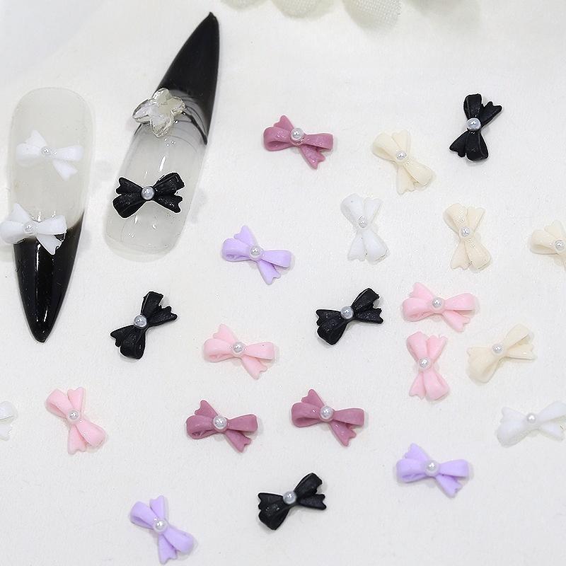 50/60Pcs Mix Color Bow With Pearl Korea Style Nail Art Charms 3D Pink Black White Bowknot Nail Accessories Diy Design