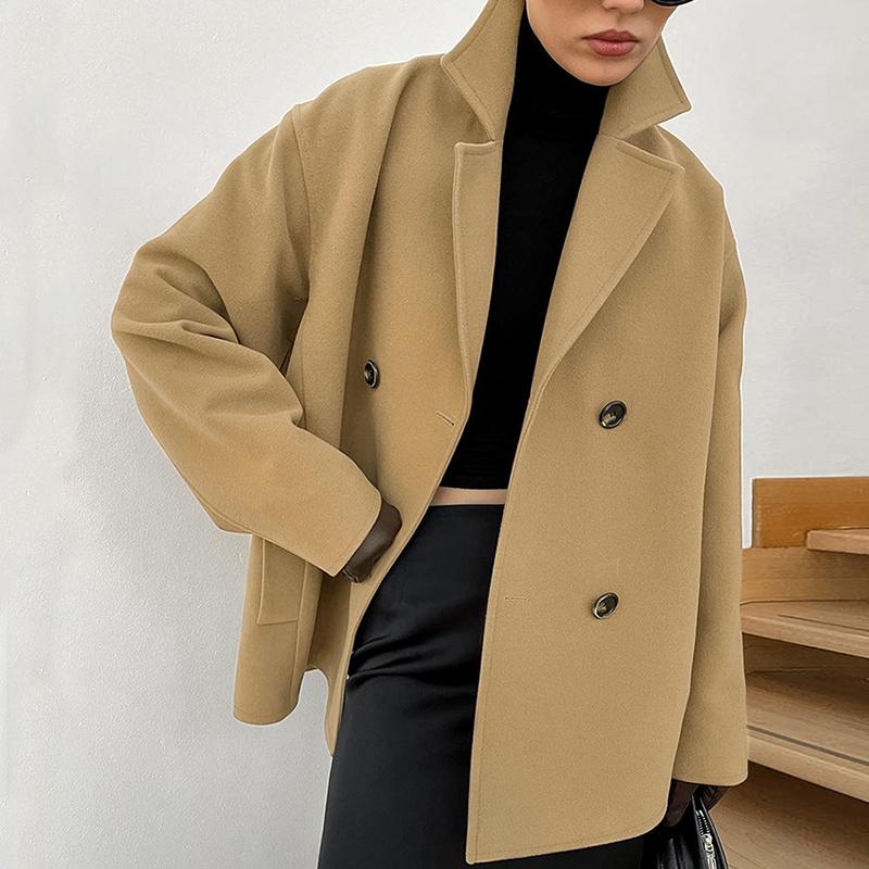 Woolen Coat Women Thick Windbreaker Double Breasted Lapel Long Sleeve Loose Jacket Commuting Casual New Fashion Autumn