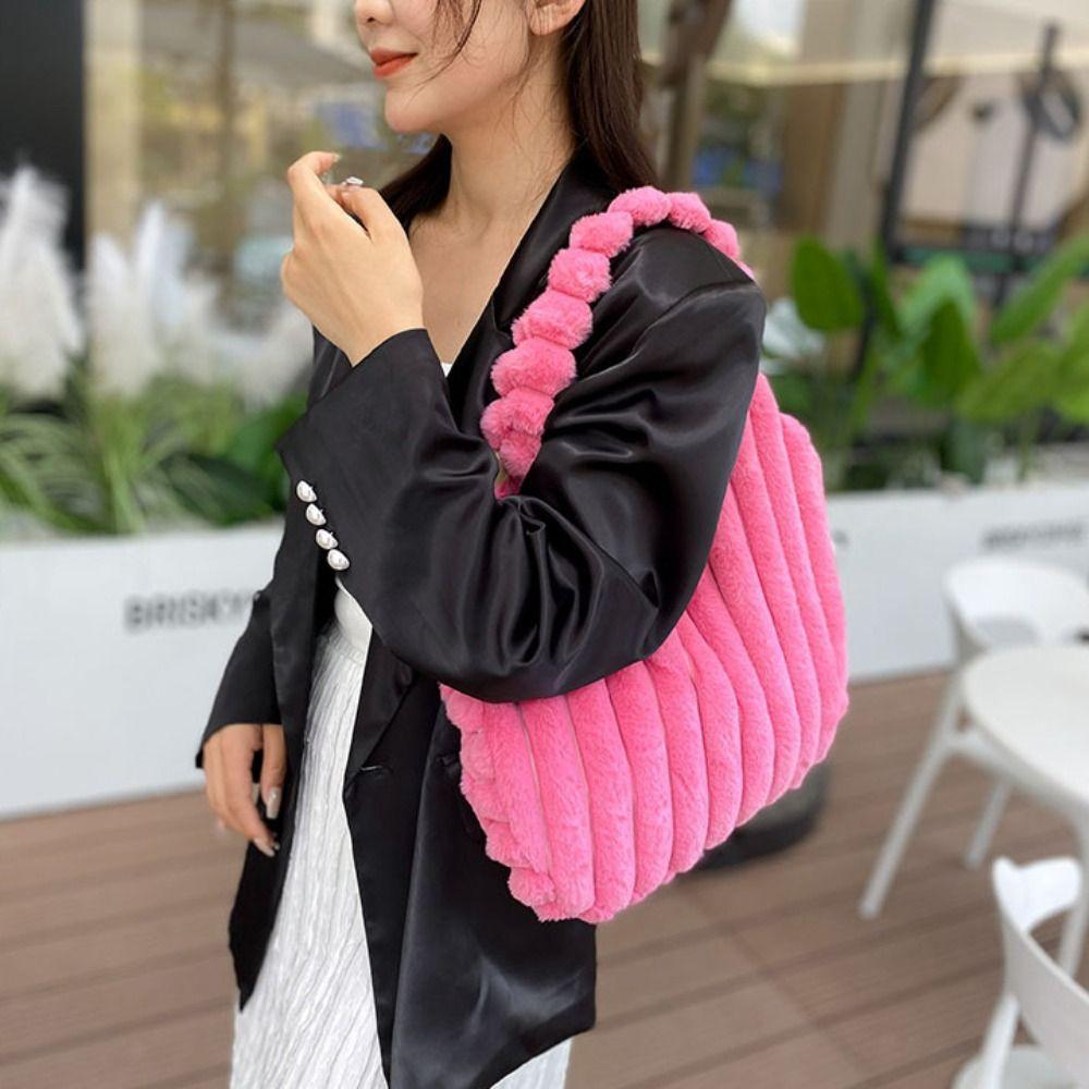 Large Capacity Plush Handbag Solid Color Plush Shoulder Bag Kawaii Plush Tote Bag Winter