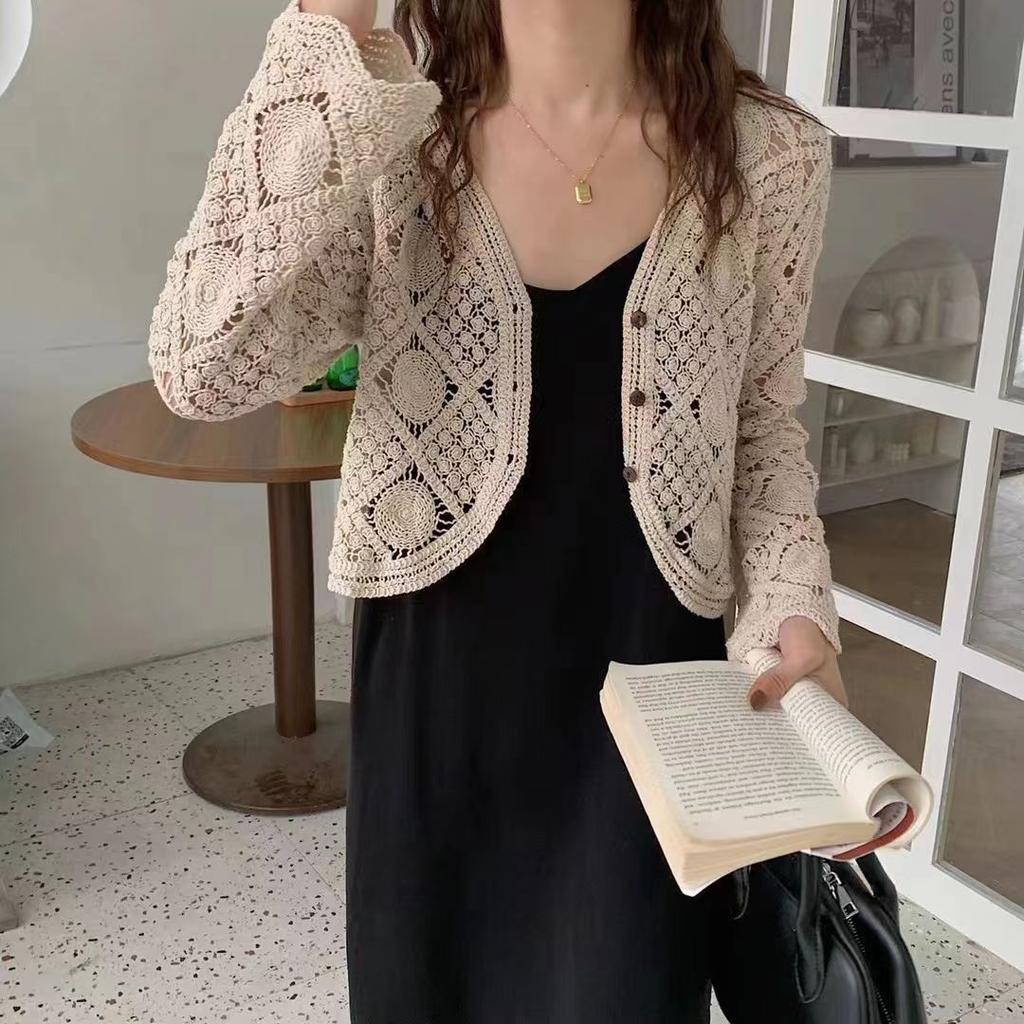 Летний вязаный крючком кардиган с женским дизайном Sense, с длинными рукавами, устойчивая к воздействию солнца кружевная рубашка с кондиционером для верхней одежды