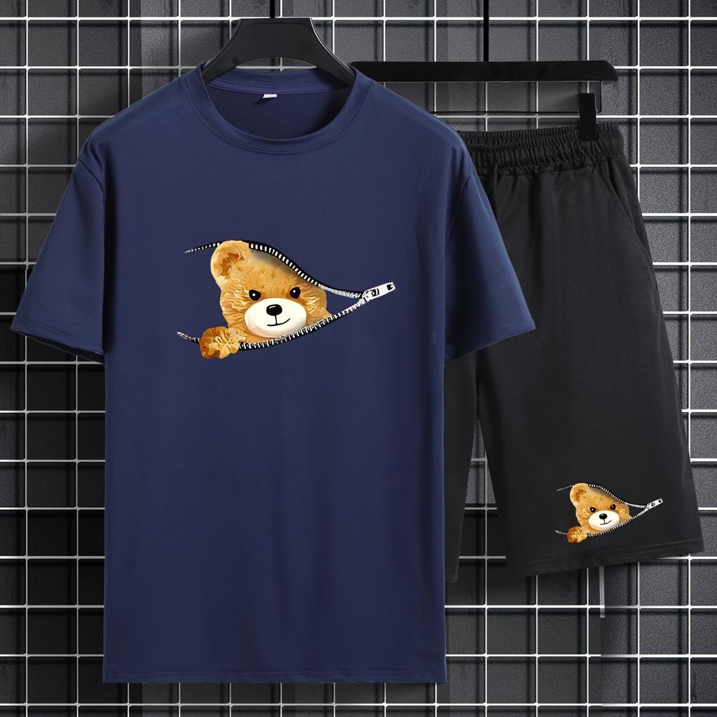 Мужской комплект из футболки с круглым вырезом и шорт с мультяшным медведем и графическим принтом больших размеров — мягкий, средний стрейч, повседневный стиль для лета — забавный принт